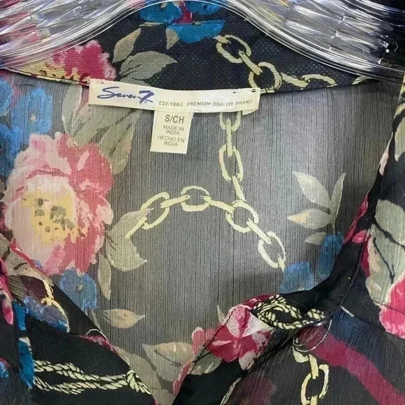 Seven7 Floral Black Ruffle Sheer Button Down Blouse - Picture 3 of 6